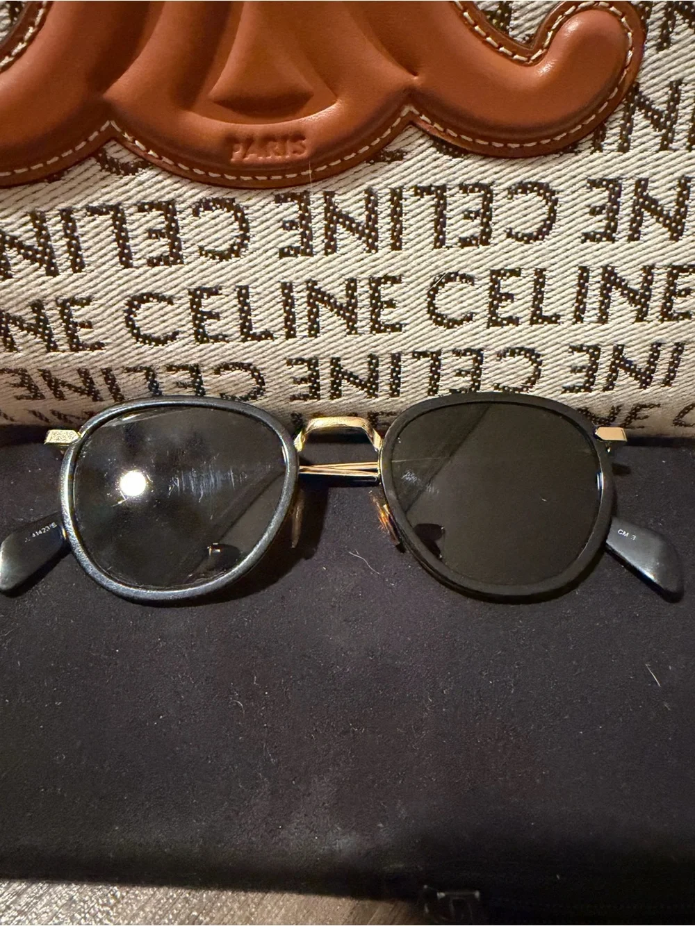 Authentic Celine Black & Gold Round Sunglasses with Black Suede Case